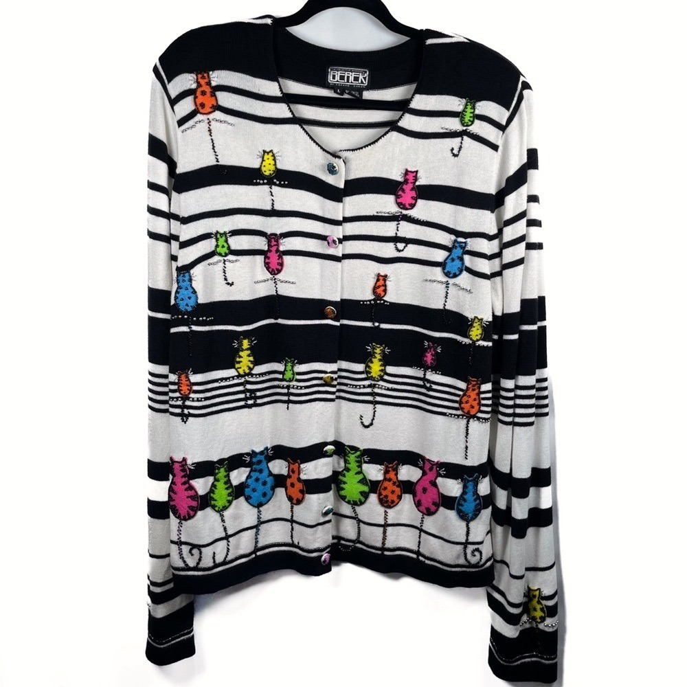 Vintage Cat Cardigan Embellished Knit Berle Sweater 3D Beaded Multicolored Sz L